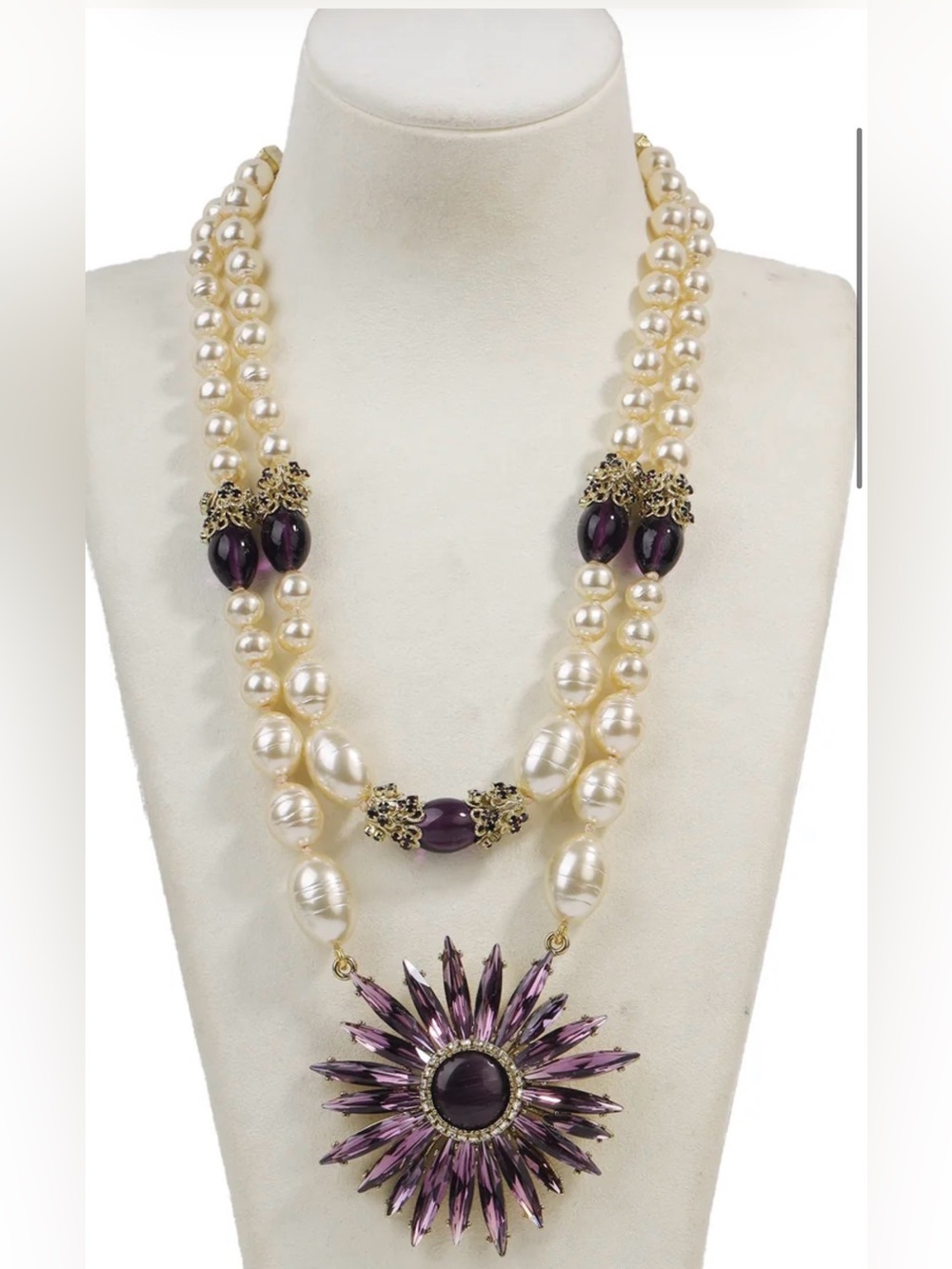 Vintage Pearl & Purple Crystal Statement Necklace Stunning NWT